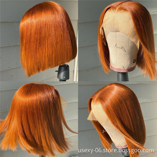 Virgin brazilian hair preplucked hd transparent lace colored bob wigs human hair lace front ginger orange wig colourful wigs